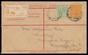 Postal Stationery - REGISTRATION ENVELOPES: 1916 KGV 4d orange on buff with 'REGISTERED LETTER' at Top & Two-Line Admonition at Base #RE9 uprated with KGV ½d green tied by 'PADDINGTON/=NSW=' cds, defective red/white registration label, the flap has been r