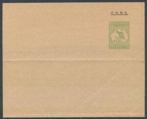 Postal Stationery - WRAPPERS: 1913 Kangaroo ½d green with Smaller 'O.H.M.S.' Overprint (15x3mm) above the stamp BW #W1e, horizontal fold below the stamp, unused, Cat $300. [Superior to Mark Diserio's example - small red inkspot - that sold for $414 at the