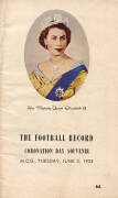 1953 "The Football Record, Coronation Day Souvenir, MCG, Tuesday, June 2, 1953", Lightning Premiership featuring all 12 teams, with attractive colour cover. Fair/Good condition.