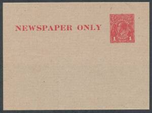 Postal Stationery - WRAPPERS: 1920 'NEWSPAPER/ONLY.' ½d+½d BW #W9 & 1d carmine Die 1 #W10 (superb!), unused, Cat $350. The 1d Ex Mark Diserio: acquired at the Prestige auction of 8.11.2013 for $287. [The Penny was a new issue - not an overprint of the tex