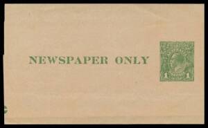 Postal Stationery - WRAPPERS: 1924 1d green Die 2 on Thin Glazed Paper BW #W13(1), impression of printing forme retaining screw at left; and on Vertically Laid Paper #W13(2); unused, Cat $900. Ex Mark Diserio: acquired at the Prestige auction of 8.11.2013