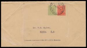 Postal Stationery - WRAPPERS - STAMPED TO ORDER: 1938 "doubleton" 1d green + 2d red BW #WS21 for an unknown user, Melbourne cds of 27OC38, the length slightly reduced, folds from having been used to wrap a small box & corner fault at lower-left, undercata