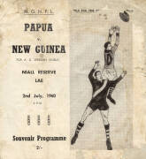 1960 "N.G.N.F.L. Papua v New Guinea, For A.C.Weedon Shield, Niall Reserve, Lae. 2nd July 1960. Souvenir Programme". Poor condition (faults to covers). {Note: article on Reg Ansett, the league's first patron}. Extremely rare.