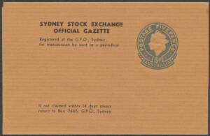 Postal Stationery - WRAPPERS - STAMPED TO ORDER: 1959-65 Small Dies (25mm Diameter) 5d light blue BW #WS36 on brown laid stock with Sydney Stock Exchange imprint, Cat $250. Absent from Mark Diserio's collection.