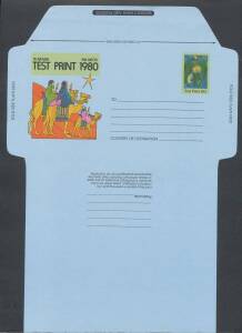 Postal Stationery - AEROGRAMMES: 1980 Christmas essay with Gum Flower "stamp" & zero value but with the Three Wise Men design as adopted at left, 'TEST PRINT 1980' at upper-left, on blue-green paper with ungummed flaps, unfolded & unused. With the issued 