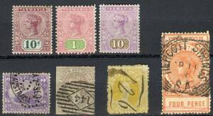 General & Miscellaneous Lots (Australian Colonies) - Modest mostly used group with some Imperfs and postmark interest including Queensland Chalon 'REGISTERED' with "126" manuscript cancel, SA 9d purple with fine '144' diamond numeral cancel, Tasmania Tabl