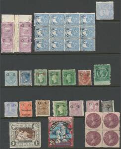 New South Wales - De La Rue imperf marginal plate proof blocks of ½d in grey, 6d in violet, 1/- in green & 1/- in scarlet, 5/- Coin mint block of 4, Charity 1/- mint & 2/6d used, 1905 20/- regummed, and 'OS' Overprints to 1/- including 3d with Red Overpri