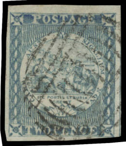 New South Wales - 1850-51 Sydney Views Plate I (Vertically Lined Background) Earliest Impressions 2d greyish blue SG 15, margins just clear - at lower-right corner - to large, bars cancel of Sydney, Cat £550. Chris Ceremuga Certificate (2002) states "...w