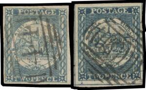 New South Wales - 1850-51 Sydney Views Plate II (Horizontally Lined Background) Earliest Impressions 2d grey-blue with No Whip & Inner Circle Intersecting the Fan SG 23c, margins close to good, very fine BN '44' of Yass; and 2d bright blue with Inner Circ