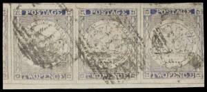 New South Wales - 1850-51 Sydney Views Plate IV (Circles in Stars) 2d ultramarine on Laid Paper SG 34 horizontal strip of 3 [20-22], margins close - at right - to huge with a chunk of the adjoining unit at left, bars cancels of Sydney, Cat £750+. Scarce m