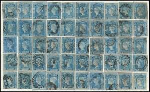 New South Wales - 1851-54 Laureates Plate III (Plate I Re-Engraved) 2d blue SG 63-64a complete reconstruction of the 50 positions (10x5) including 'WALES' Partly Covered by Wavy Lines [R1/3], all with four margins, a couple with Barred Numerls including v