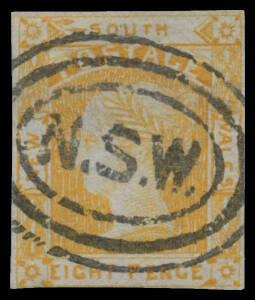 New South Wales - 1851-54 Laureates Blue Paper 8d orange-yellow with No Leaves to Right of 'SOUTH' SG 80b, margins just clear - at lower-left - to good, 'NSW'-in-concentric-ovals cancel clear of the variety, Cat £1800.