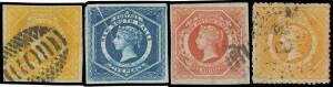 New South Wales - 1854-59 Imperforate Large Diadems undenominated reprinted die proof in black on wove paper (72x90mm), 6d x6 (one with Wmk '8', a little cut-into), 8d imperforate plate proof in deep blue (minor pre-printing paper fold), 8d golden yellow,