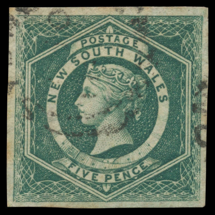 New South Wales - 1854-59 Imperforate Large Diadems 5d dull green SG 88, margins good to large, indistinct Sydney duplex cancel, Cat £800. An attractive example of this scarce stamp. Ex George Boucher & Guy Hutson. RPSofL Certificate (1937). [Most example