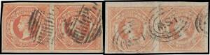 New South Wales - 1854-59 Imperforate Large Diadems 1/- rosy vermilion SG 99 x2 (one with Error of Watermark '8', just touched at upper-left), 1/- pale red SG 100 x2 (one with the Watermark Inverted & Reversed) and 1/- brown-red SG 101 all horizontal pair