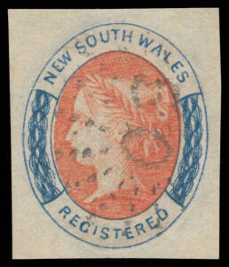 New South Wales - 1851-54 Laureates No Wmk 'REGISTERED' (6d) vermilion & Prussian blue SG 102, a huge example with large even margins, light Rays '50' cancel of Albury, Cat £190. A gem!