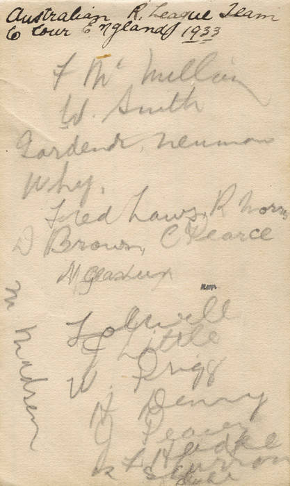 1933-34 AUSTRALIAN KANGAROOS, autograph page with 18 signatures including Frank McMillan (captain), Sid Pearce, Fred Laws, Ray Morris, Cliff Pearce & Ray Stehr.