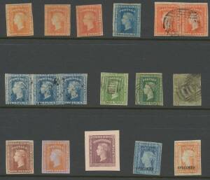 New South Wales - 1856-60 Imperforate Small Diadems 1d plate proofs in vermilion/blue (small scissor-cut at base; Sismondo Certificate) & chocolate/blued, 1d x5 - a couple apparently unused - including a pair, 2d x4 including a strip of 3 & 3d x3, 1d & 2