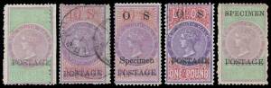 New South Wales - 1885-1904 Long Types comprising 5/- SG 238b mint & with 'SPECIMEN' Overprint (no gum), 10/- SG 241b postally used, later printings 10/- mint x2, CTO & with 'Specimen' Overprint, 5/- & £1 with 'REPRINT' Overprint, 'O S' Overprints 10/- SG