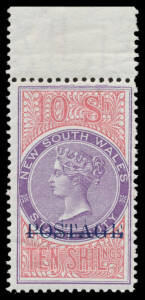 New South Wales - 1894-1904 on White Paper Overprinted 'POSTAGE' in Blue 10/- violet & claret Perf 12 SG 275 marginal example from the top of the sheet, full unmounted o.g., Cat £325+ (mounted). Superb! Ex Guy Hutson..