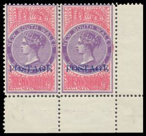 New South Wales - 1894-1904 on White Paper Overprinted 'POSTAGE' in Blue Chalk-Surfaced Paper 10/- violet & crimson Perf 12x11 SG 276a horizontal pair from the lower-right of the sheet, well centred, lightly mounted, large-part o.g., Cat £750+. Ex Guy Hut