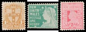 New South Wales - 1897 Golden Jubilee Perf 11 essays on thick ungummed unwatermarked paper comprising 1d in pale brown & 2d in bright pink plus 1d that was adopted for the 2½d in blue-green. Very scarce.