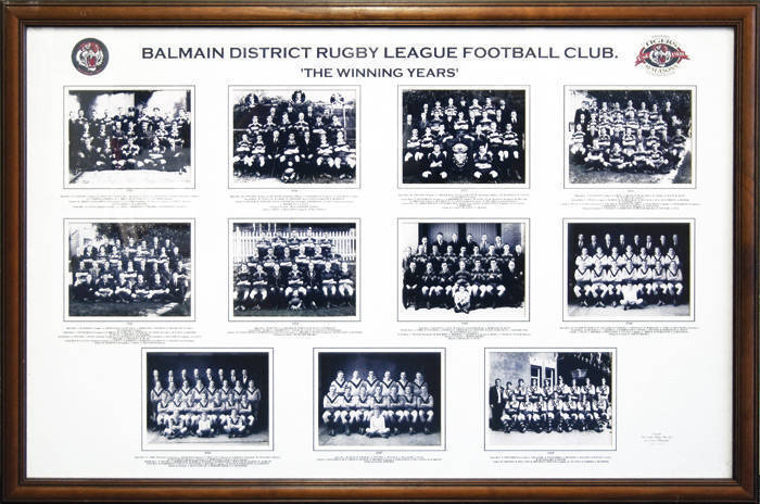 BALMAIN TIGERS: "The Winning Years" display with 11 Premiership team photographs, window mounted, framed & glazed, overall 118x78cm; plus Balmain Tigers football, beer mugs (2), glasses (2), visor & "Last Farewell" certificates (6).