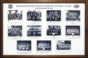 BALMAIN TIGERS: "The Winning Years" display with 11 Premiership team photographs, window mounted, framed & glazed, overall 118x78cm; plus Balmain Tigers football, beer mugs (2), glasses (2), visor & "Last Farewell" certificates (6).