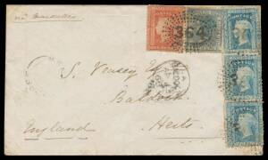 Postal History (New South Wales) - 1863 (Jan 12) cover to Hertfordshire "via Marseilles" with Diadems 1d & 2d strip of 3 plus De La Rue 2d tied by Rays '364' (one strike is superb) of 'KUNOPIA' (b/s; ERD), transits of 'MOREE' (on the face) 'NARRABRI' & Sy