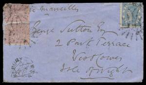 Postal History (New South Wales) - 1869 (Apr 22) "Riverina cover" to the Isle of Wight "via Marseilles" with remarkable combination franking of NSW De La Rue 1d block of 10 affixed to the reverse plus Victorian Laureates 2d pair & 6d on the face all tied 