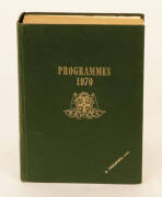 1969-70 "The Rugby League News" programmes in bound volume, comprising 1969 Vol.50 Nos.38-40 & 1970 Vol.51 Nos.1-45. Includes 1970 Grand Final - South Sydney v Manly-Warringah. Book with gold embossing "Programmes 1970" & "D.Thompson M.B.E.". Fair/Good co