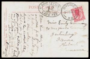 Postal History (New South Wales) - 1911 & 1912 PPCs from Fiji to Sydney or from NZ to Hobart each with 1d tied by a different Sydney cds & double-oval 'SHIP LETTER/ 1D /LATE FEE' handstamp (very fine on the NZ card). Nice duo. (2)