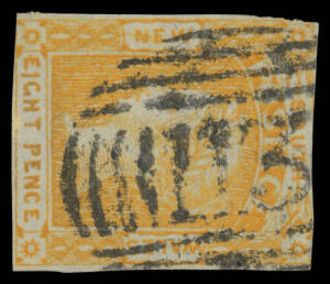 Postmarks (New South Wales) - BARRED NUMERALS: '113' of Jamberoo very fine strike on Diadems 8d yellow-orange SG 80 (sound with margins in places, Cat £600). Rated RRRR. PO 1.7.1852.