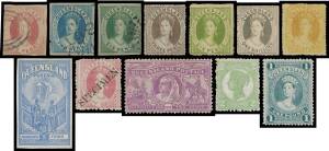 Queensland - Interesting selection with a sound 1d SG 1 (Amercian certificate) but the Imperf 2d & 6d have both been played with, useful range of other Small Chalons with unused/mint including 1d x4, 2d, 3d x2, 6d x2, 1/- grey & 'REGISTERED' orange-yellow