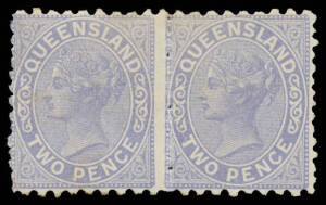 Queensland - 1882-91 Lined Background Perf 9½x12 2d blue SG 177 horizontal pair apparently imperforate between but with the central perfs misplaced to the right, a few short perfs at left, unused, Cat £1000+. A very rare multiple. RPSofV Certificate (2013