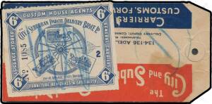 Queensland - CARRIER STAMPS: 1940s City & Suburban Parcel Delivery Bryce Ltd 6d blue rouletted label with 'J&OS' Imprint of Jackson & O'Sullivan at the base, affixed to the firm's undated parcel tag to "Ham" (= Hamilton), manuscript cancelled with the sam