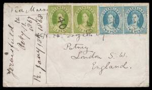 Postal History (Queensland) - 1867 (Oct 31) Dodgson double-rate cover to London "Via Marseilles" with 2d blue pair & 6d apple-green x2 tied by Rays '40' cancels of 'BURDEKIN' (b/s), 'BOWEN' & Brisbane transits & London arrivals b/s of JA13/68. A very scar