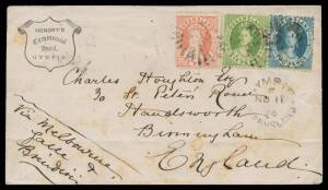 Postal History (Queensland) - 1876 (Nov 11) cover with 'HENDRY'S/Commercial/Hotel/GYMPIE'-in-shield imprint at upper-left, to Birmingham "Via Melbourne Galle & Brindisi" with attractive 3-colour franking of 1d "flesh", 2d deep blue & 6d apple-green tied b