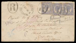 Postal History (Queensland) - 1900 (May) cover to a soldier with the 2nd Queensland Contingent during the Boer War with 2d x3 tied by 'R'-in-oval cancels & 'REGISTERED/BRISBANE' cds alongside, Durban transit of 26JU/00 & Capetown arrival b/s of 30JU00, Br