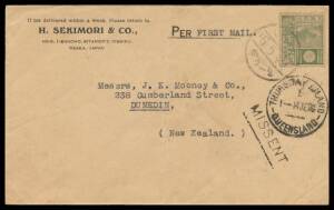 Postal History (Queensland) - THURSDAY ISLAND: 1926 mercantile cover from Japan to New Zealand with very fine strike of the underlined 'MISSENT' h/s & 'THURSDAY ISLAND/ 1 /...' cds, central fold.