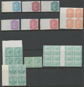 South Australia - Range of mostly imperforate plate proofs with De La Rue ½d gutter block of 16 in green, 1d corner block of 4 in green, 2d six different colour trials - no gum - plus block of 4 in orange, 4d in black & Plate Number '1' block of 4, Tannen