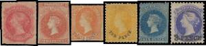 South Australia - Attractive selection with Imperf 2d SG 9, Second Roulettes 1d x7 including a strip of 3 (faults), 2d x2, 4d x2, 6d x2, 9d, 'TEN PENCE' in Blue on 9d orange-red & 2/-, Perf 11½-12½xRoulette 1d & 6d, Perf 11½-12½ 9d x3 & 'TEN PENCE' in Bla