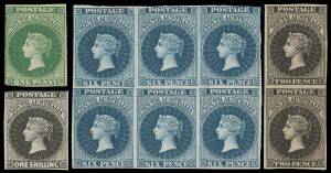 South Australia - 1854-67 Perkins Bacon imperforate plate proofs comprising 1d in green, 2d vertical pair in black, 4d single & pair in different shades of rose-carmine, 6d block of 6 in blue (central vertical crease) & 1/- in black. (7 items)