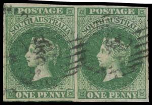 South Australia - 1855 London Printings by Perkins Bacon 1d green & 6d deep blue SG 1 & 3 horizontal pairs, margins close to large, a couple of tiny blemishes, Cat £1340+. Attractive multiples. (2 pairs)