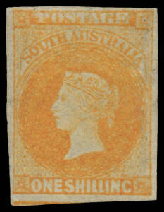 South Australia - 1856-58 Adelaide Printings 1/- orange SG 12, margins good to huge with a fragment of the adjoining unit below but the right-hand 2mm added, unused, Cat £11,000. RPSofV Certificate (2012). [A soiled unused example with three margins - gra