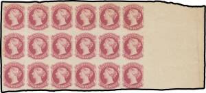 South Australia - 1860-69 Second Roulettes 4d imperforate plate proof block of 18 (6x3) in carmine on thick ungummed unwatermarked paper with huge sheet margin at right, the last unit a little cut-into at the base, folded between the first & second column