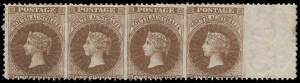 South Australia - 1876-1900 "Broad" Star 1/- chocolate horizontal strip of 4 Imperforate Vertically (except at left) SG 130a, minor pre-printing paper fold affects the second pair, large-part o.g., Cat £900+ (for two pairs). RPSofL Certificate (1972). [Mi