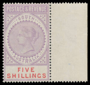 South Australia - 1886-96 'POSTAGE & REVENUE' imperforate undenominated plate proof in lilac marginal block of 4 with full unmounted o.g., and Perf 14 marginal singles 2/6d with value in blue & 5/- with value in red, large-part o.g. (3 items)