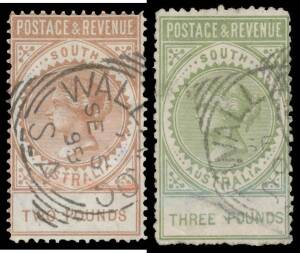 South Australia - 1886-96 'POSTAGE & REVENUE' Perf 11½-12½ 2/6d both shades, 5/- both shades, 10/- to £2 (creased) & £3 (diagonal pencil line) SG 195a & bb, 196a & ab, 197a-200a & 202a, some minor blemishes, all postally used, the 10/- £1 £2 & £3 all with