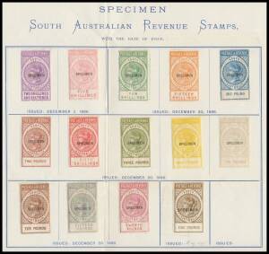 South Australia - 1886-96 'POSTAGE & REVENUE' a very similar but superior-grade set, each affixed at the top only to an official page on laid paper (275x331mm; folded for display), large-part o.g. As fine a presentation set as we have seen. [NB: Gibbons s